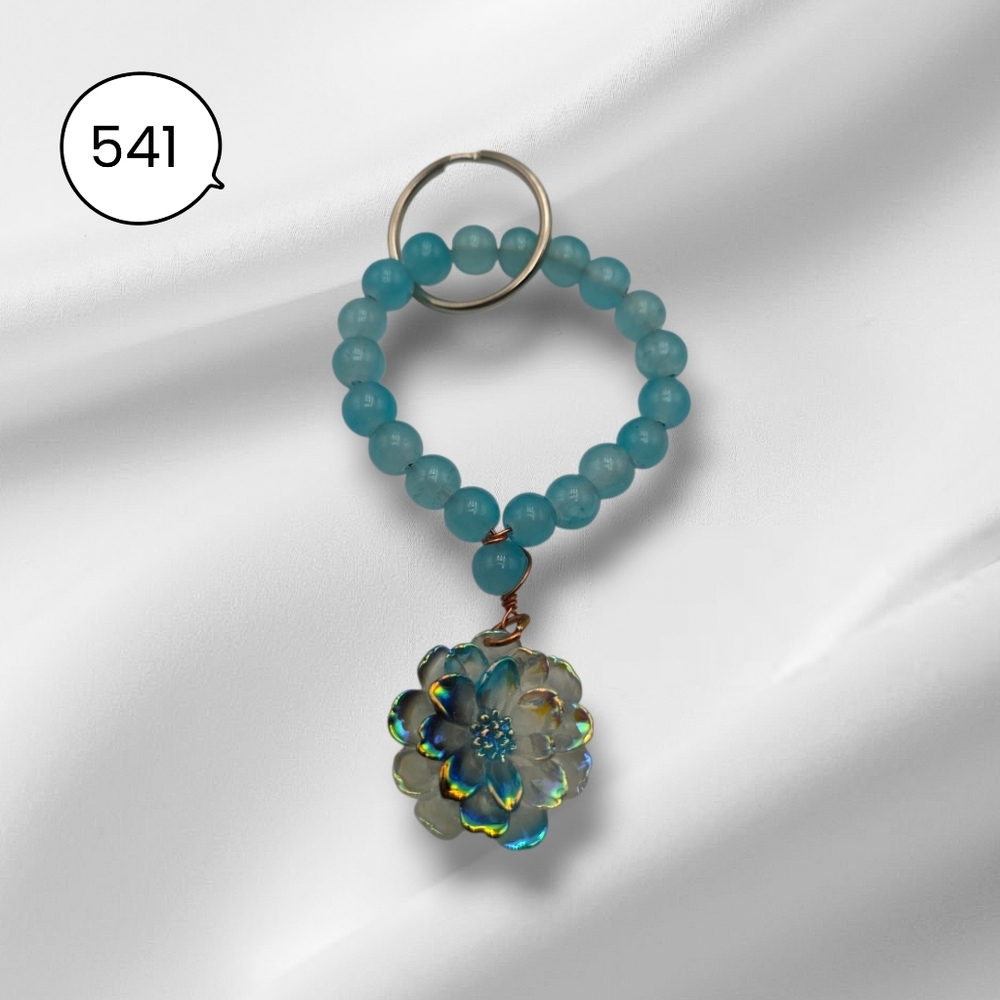 Elegant Blue Beaded Keychain with Floral Charm